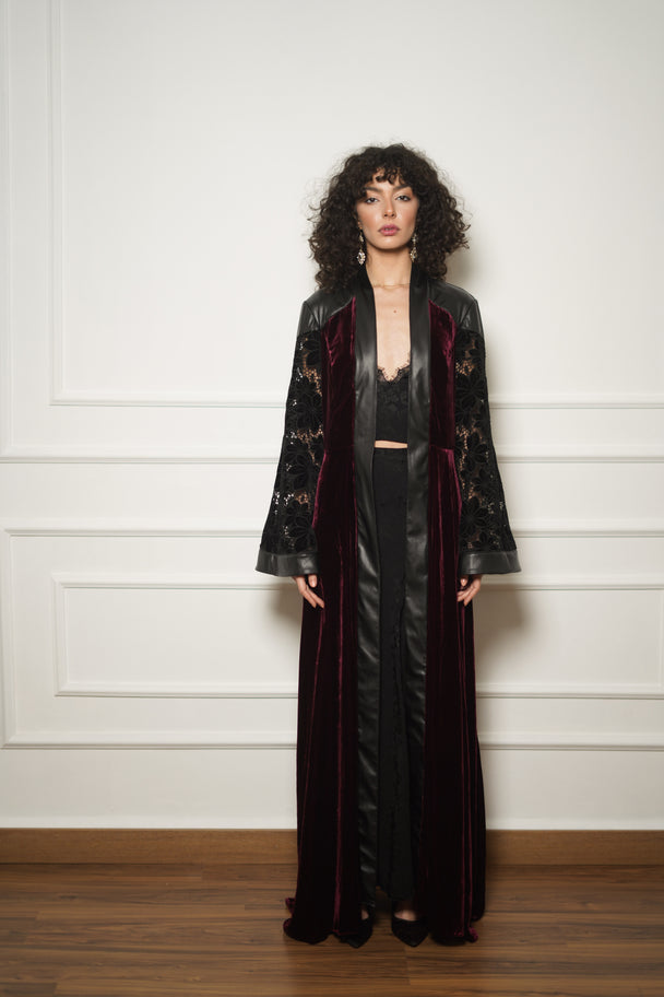 Cherry Velvet Leather-Trim Abaya Coat