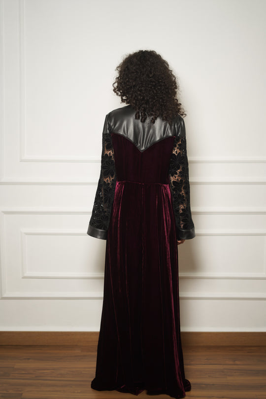 Cherry Velvet Leather-Trim Abaya Coat