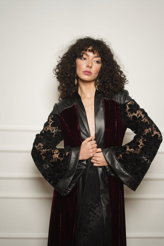 Cherry Velvet Leather-Trim Abaya Coat