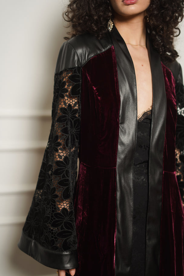 Cherry Velvet Leather-Trim Abaya Coat